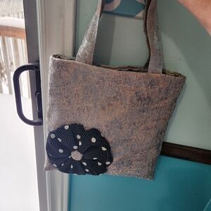 Stylish Handmade Upholstery Fabric Gray Tote Bag with Black Floral Accent